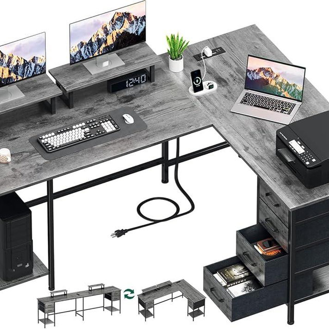 Korfile 59 inch L Shaped Computer Desk with Power Outlets, Home Office Desk with 4 Adjustable Storage Drawers & 2 Monitor Stands, Two Person Gaming Table for Bedroom, Grey