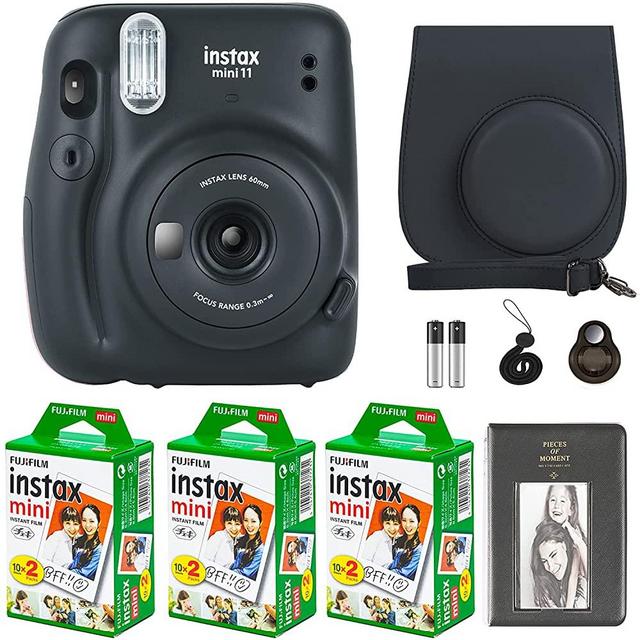 Fujifilm Instax Mini 11 Camera with Fujifilm Instant Mini Film (60 Sheets) Bundle with Deals Number One Accessories Including Carrying Case, Selfie Lens, Photo Album, Stickers (Charcoal Gray)