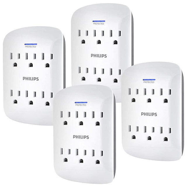 PHILIPS 6-Outlet Surge Protector Tap, 4 Pack, 900 Joules, Space Saving Design, Protection Indicator LED Light, 3 Prong, White, SPP3469WA/37