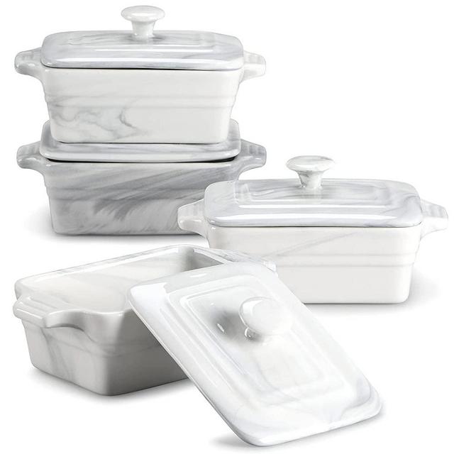 MALACASA Porcelain Casserole Dish with Lid, 12 oz Marble Gray Souffle Dishes Ramekins Bowls, Small Individual Casserole Dishes with Cover for Baking, Creme Brulee and Sauce, Set of 4