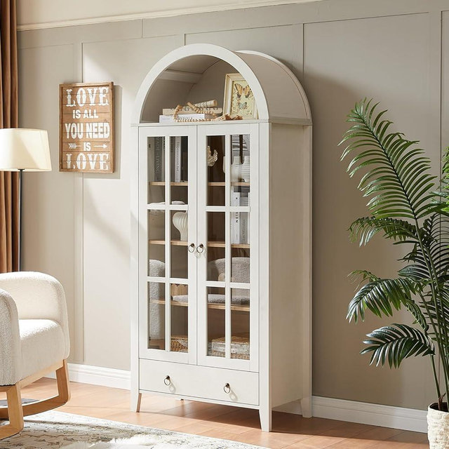 WINWY 71" Tall Arched Cabinet, Modern Farmhouse Wooden Display Cabinet with Drawer and Glass Doors, 6 Tier Bookshelf w/Adjustable Shelves for Living Room, Office, Antique White