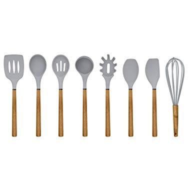 Country Kitchen 8 pc Non Stick Silicone Utensil Set with Rounded Wood Handles for Cooking and Baking - Grey