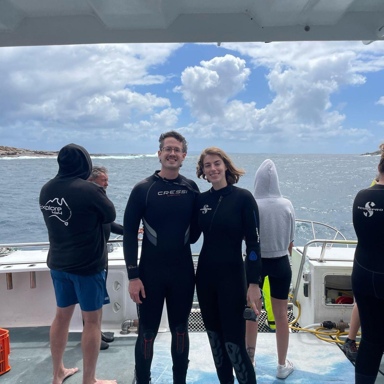 John-Luc and Grace before Great White Shark diving off the coast of Southern Australia. Grace got seasick, but John-Luc stayed strong to take care of her!