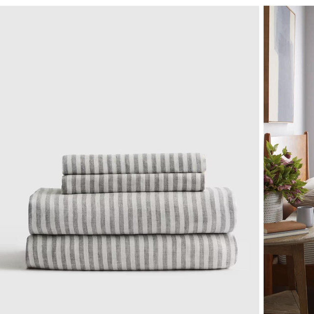 King Size Linen Sheets | Quince Grey/White Stripes
