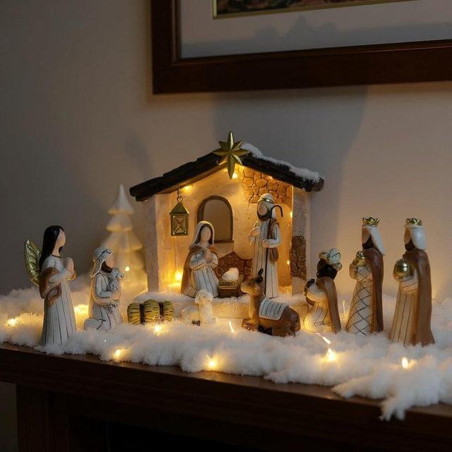 WANCHIY Nativity Set Indoor Christmas Decoration- 14 Pieces Nativity Scene with Manger for Nativity Scene Indoor Use, The Nativity Story Figures- Christian Religious Nativity Sets & Figures