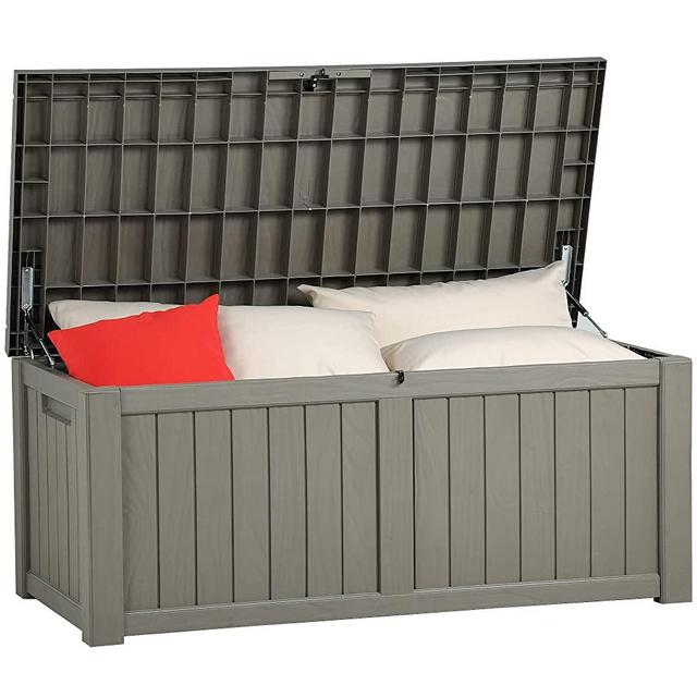 YITAHOME 120 Gallon Outdoor Storage Deck Box, Large Resin Patio Storage for Outdoor Pillows, Garden Tools and Pool Toys, Waterproof, Lockable, Light Brown