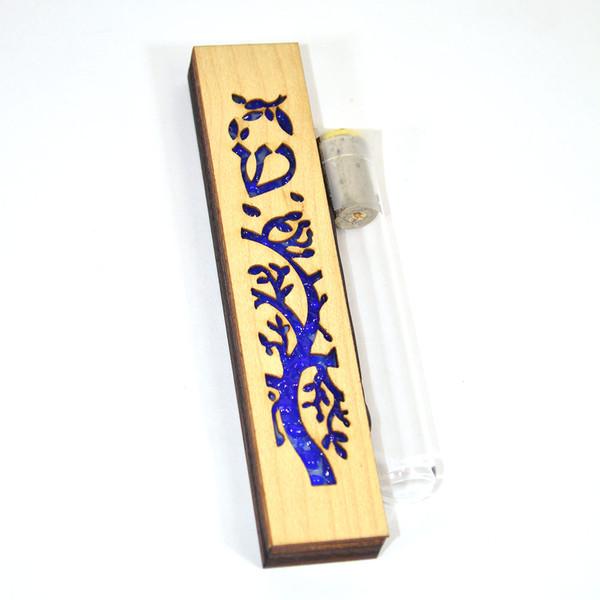 Wood Blue Glass Tree Of Life Wedding Mezuzah