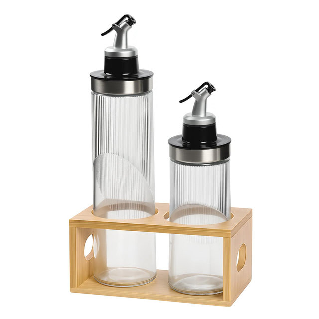 Garnen Oil and Vinegar Dispenser Set, 13.5oz & 22oz Oil Dispenser for Kitchen, Olive Oil Bottles + Wooden Rack, Cooking Oil Dispenser Glass Container