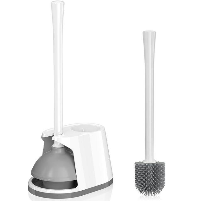 Toilet Plunger and Brush Set, Silicone Bowl Brush and Heavy Duty Toilet Plunger with Ventilated Holder, 2-in-1 Toilet Brush and Plunger Combo for Bathroom Deeply Cleaning (White & Grey)