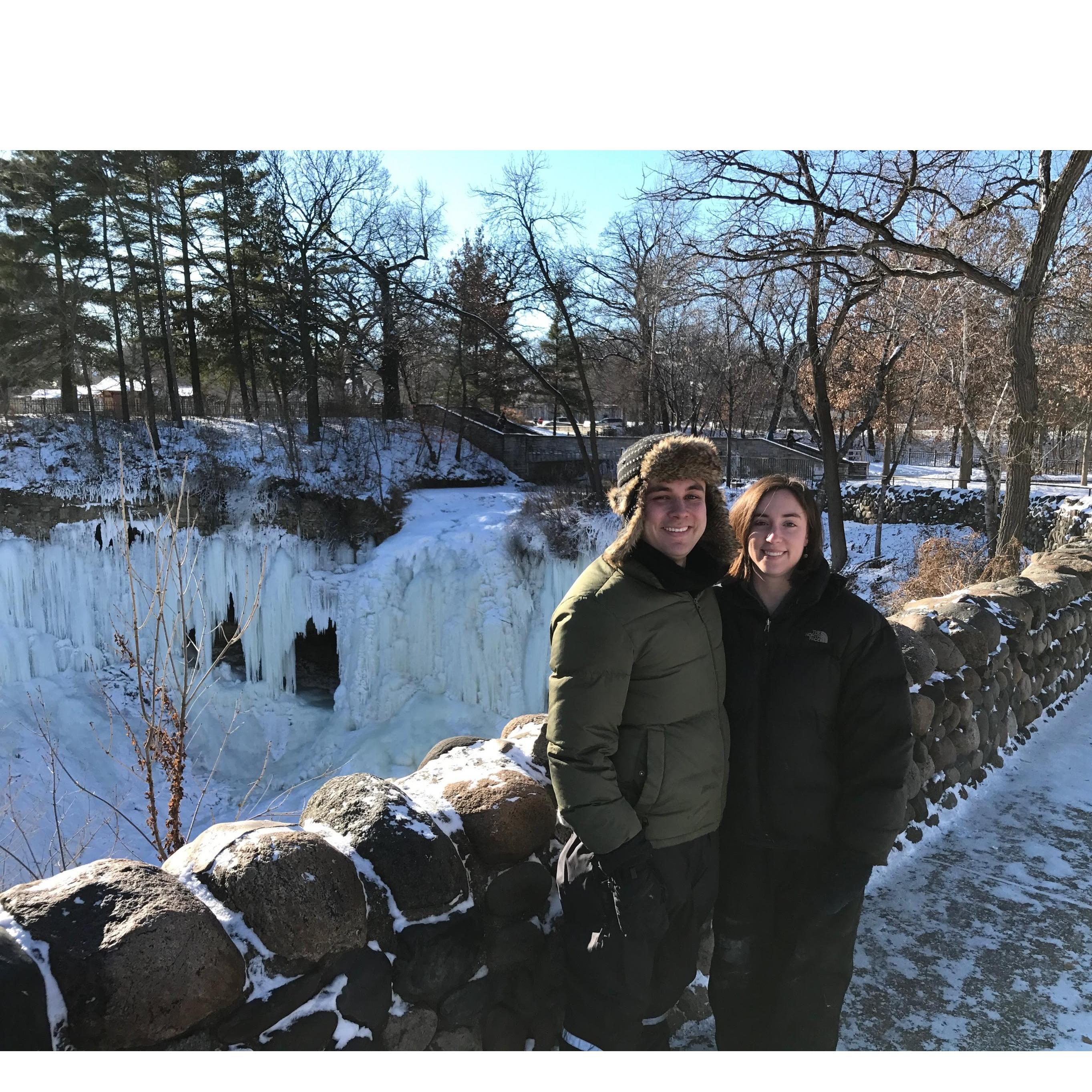With a frozen waterfall in Minnesota at Christmas, 2017
