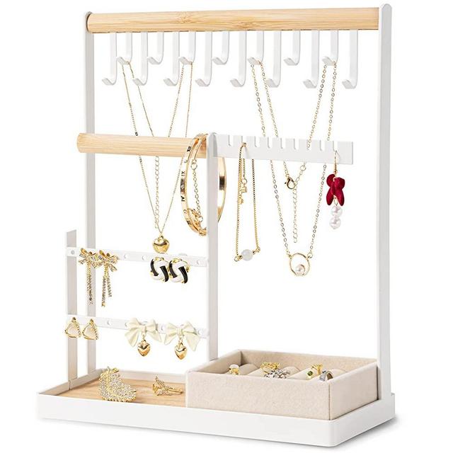 DreamGenius Jewelry Organizer Stand with Velvet Ring Holder, 4 Tier Jewelry Tower with 15 Hooks Necklace Organizer and Watch Bracket Holder, Jewelry Stand with 16 Holes for Earring Organizer Holder