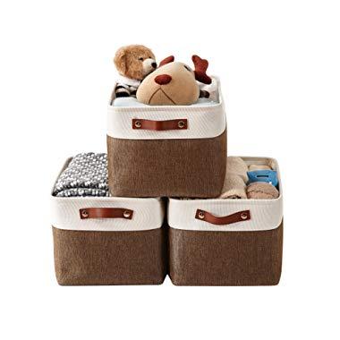 DECOMOMO Foldable Storage Bin [3-Pack] Collapsible Sturdy Cationic Fabric Storage Basket Cube W/Handles for Organizing Shelf Nursery Home Closet & Office (Brown and White, Large - 15 x 11 x 9.5)