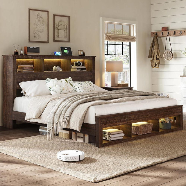 Albott Farmhouse King Size Bed Frame with Bookcase Headboard and Footboard, Storage Wood Platform Bed with Wooden Slats Support, Noiseless LED Bed Frame, No Box Spring Needed, Dark Brown