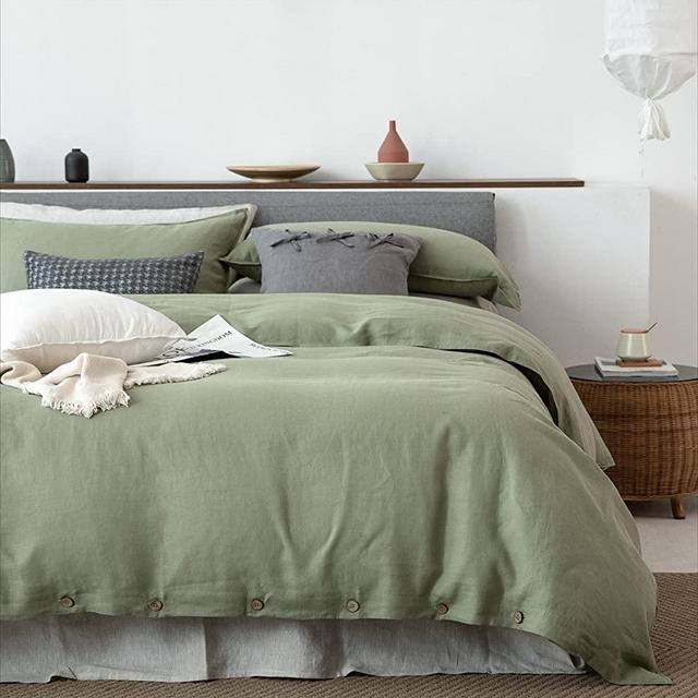 EVERLY100% Pure Linen Duvet Cover Set King Size 104’’X90’’3pcs (1 Duvet Cover,2 Pillowcases) Soft and Breathable for All Season with Coconut Button Closure, Suitable for Hot Sleepers（King，Sage Green ）