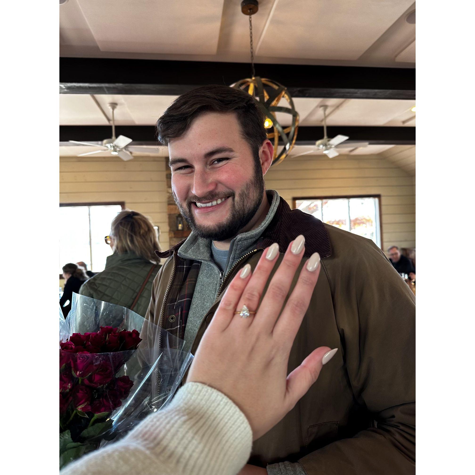 The first picture Taylor snapped of Brett and her engagement ring to send to her friends back in Georgia