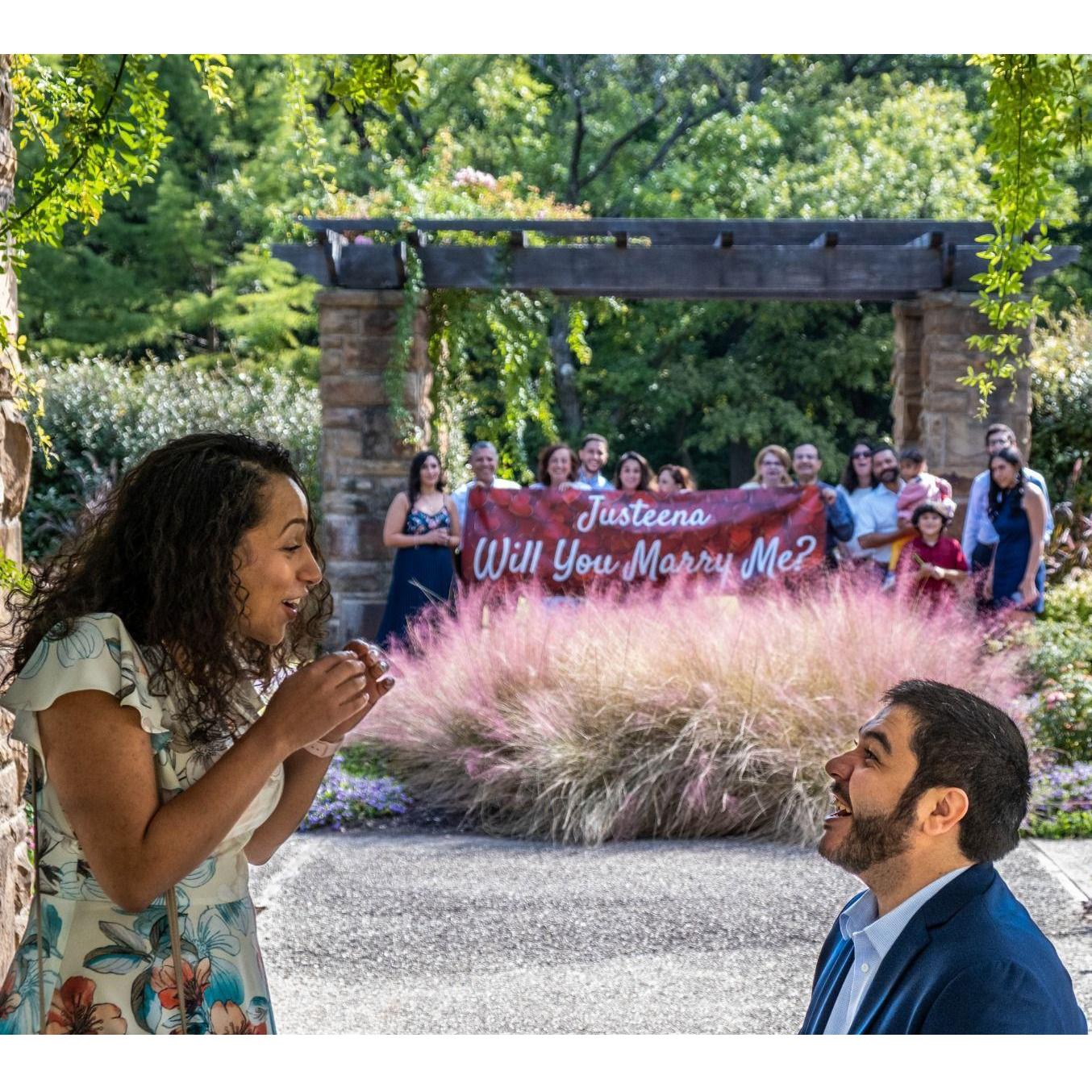 October 2020: 
Time for Justeena's surprise! Justeena's family flew in to Texas after she arrived and everyone surprised her the next day with a proposal amongst her family and friends! Success! :)