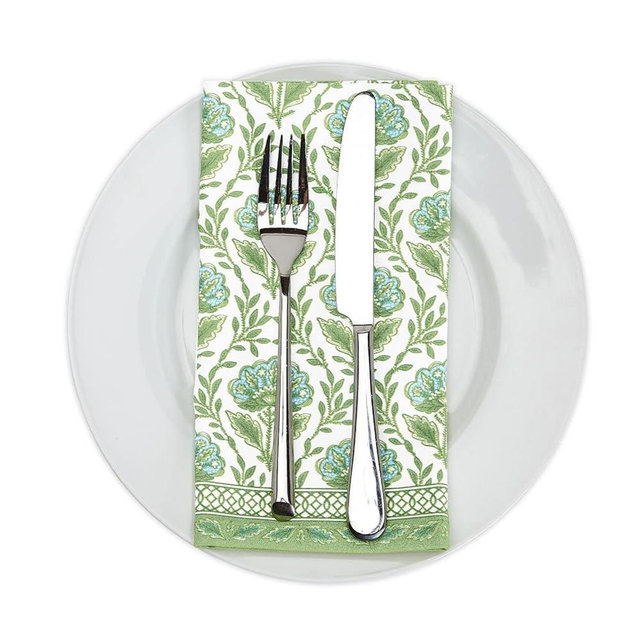 Two's Company Floral Pattern Napkins, Green Cotton Table Cloth for Casual Dining or Garden Party - Set of 4