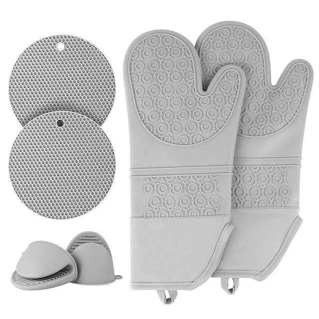 Silicone Oven Mitts and Pot Holders Set, 6Pcs Extra Long Oven Gloves with Non-Slip Hot Pads Potholders and Pinch Mitts, Pot Holders Set for Kitchen Baking Cooking (Gray)
