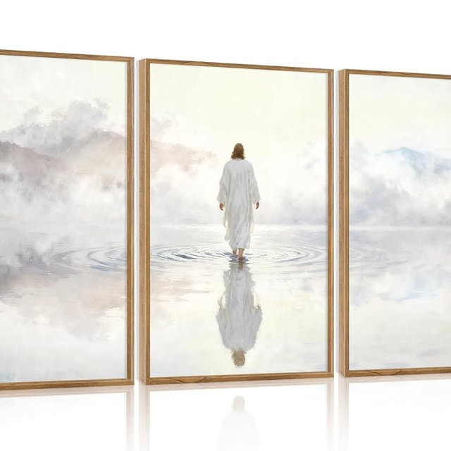 IARTTOP Framed White Jesus Christian Wall Art, Abstract Jesus Walking on Water Wall Decor, Modern Religious Christian Faith Art Prints Scripture Artwork Christ Religion Canvas Poster for Church Living Room Bedroom Office-24”x36”x3