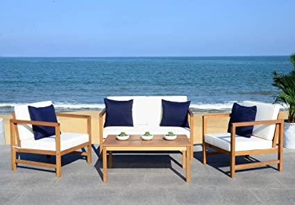 Safavieh - Montez Teak and White 4 Pc, Natural/Beige/Navy