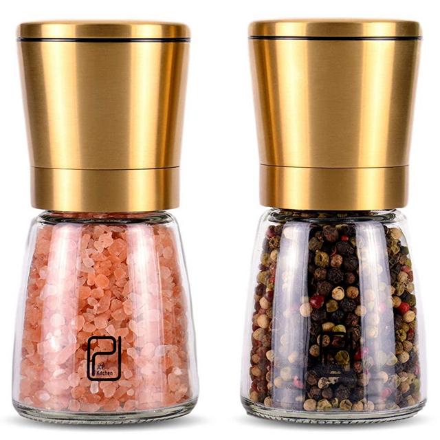 JCPKitchen Gold Salt and Pepper Grinder Set - Golden Salt and Pepper Shaker Mill - Brass Pepper Grinders Refillable - Adjustable Coarseness - Sea Salt, Black Peppercorn