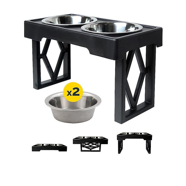 Pet Zone Designer Diner Bundle Adjustable Elevated Dog Bowls for Large Dogs, Medium and Small - Raised Dog Bowl Stand 4 Dog Food Bowls for Food and Water Stainless Steel, 3 Heights, 2.75”, 8", & 12''