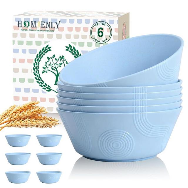 Homienly Wheat Straw Bowls 36 Oz Set of 6 - Unbreakable Microwave Safe Soup Bowls & Cereal Bowl, Reusable Plastic Bowls for Kitchen, Dining, Camping, Party, Dishwasher Safe Ramen Bowl (Sky Blue)