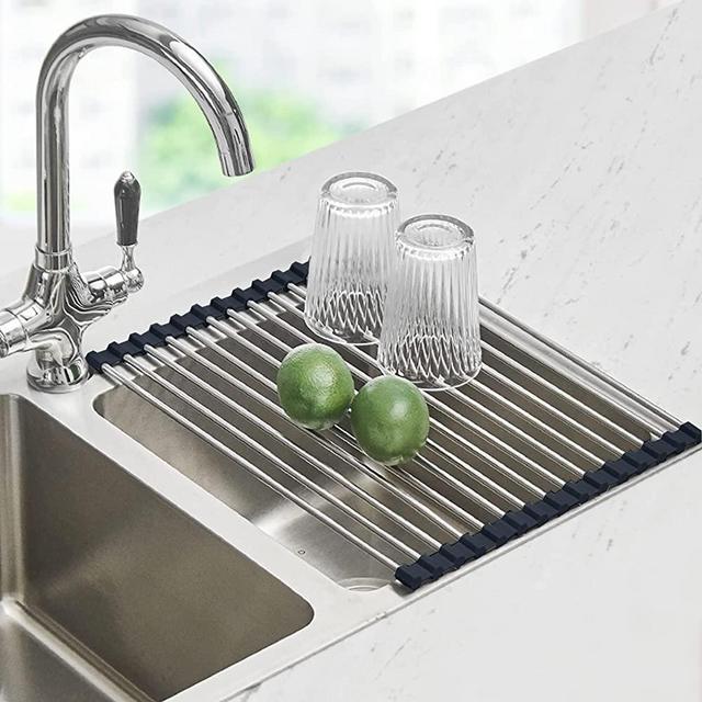 Roll Up Dish Drying Rack Over The Sink for Kitchen Sink Drying Rack Folding Dish Drainer Mat Rolling Dish Rack Sink Rack Stainless Steel Kitchen Dry Rack Black 17.5x15.7 Inch