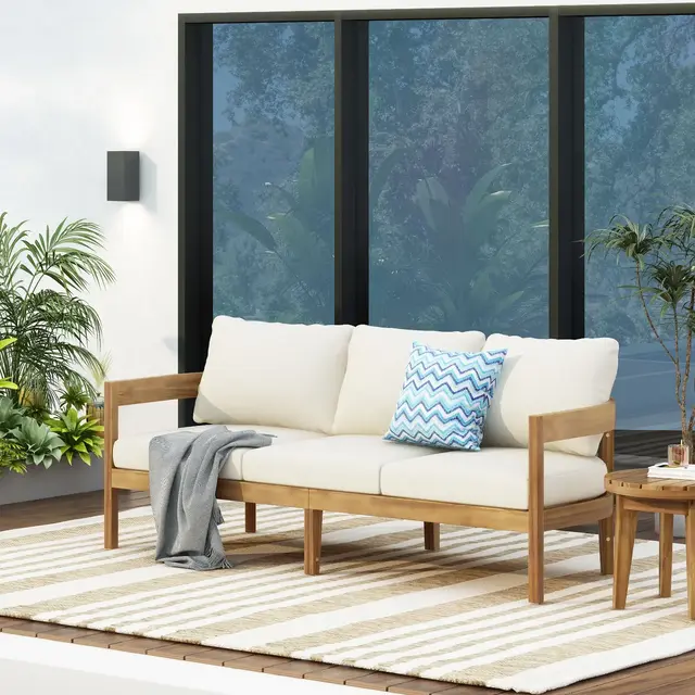 Christopher Knight Home Outdoor Acacia Wood 3 Seater 77" W Sofa with Cushions, Teak/Beige