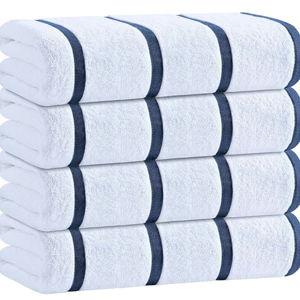 White Classic Cotton Pool Towels Oversized 30 x 60 Inches, Ultra Absorbent and Low Lint Striped Beach Towels for Adults, Stripes Design Luxury Extra Large Bath Towels, Light Blue, 4 Pack