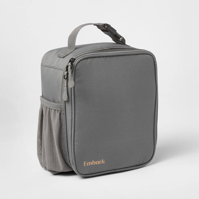 Flip-Down Square Lunch Bag - Embark™ Gray: Zipper Closure, Water Bottle Pocket