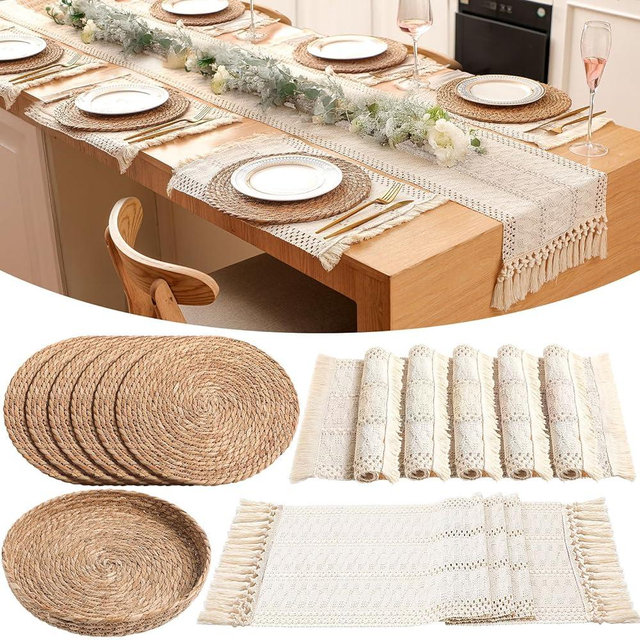 Gandeer Boho Placemats 4/6/8 Set of Round Woven Placemat Macrame Style Bicolor Stitching Long Table Runner Farmhouse Rustic Natural Burlap Cotton for Kitchen Dining Table(6 Sets,Beige,12x72)