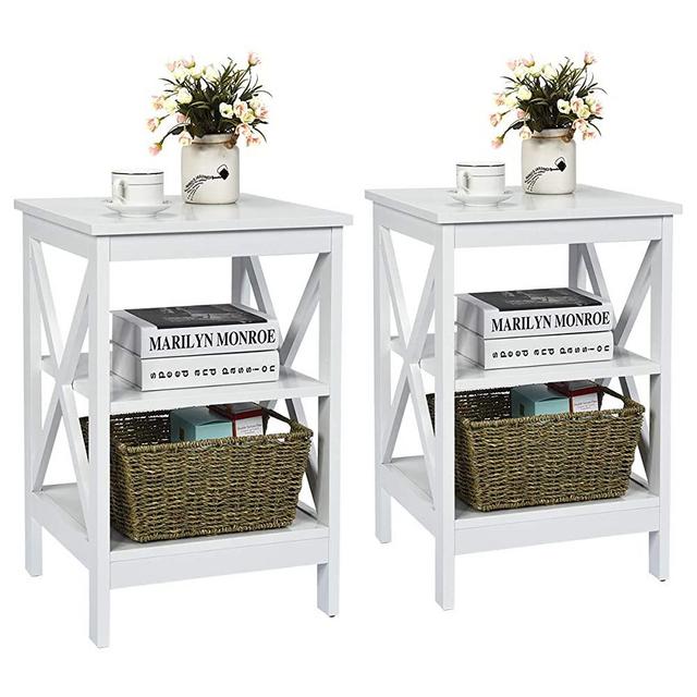 Giantex Nightstand 3-Tier X-Design W/Storage Shelves and Stable Structure Storage Organizer Display Sofa Side Table for Living Room Bedroom Accent Home Furniture End Table (2, White)