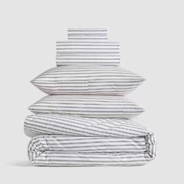 Classic Organic Percale Double Stripe Deluxe Bedding Bundle - White/Pine, Queen