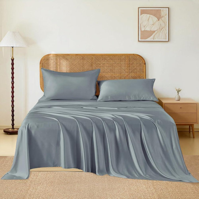 THXSILK Luxury Mulberry Silk Bed Sheets Set - 4pcs Silk Sheets Set 16" Deep Pocket - 1 Flat Sheet, 1 Fitted Sheet, 2 Pillowcases with Zipper Closure - Queen, Stone Blue