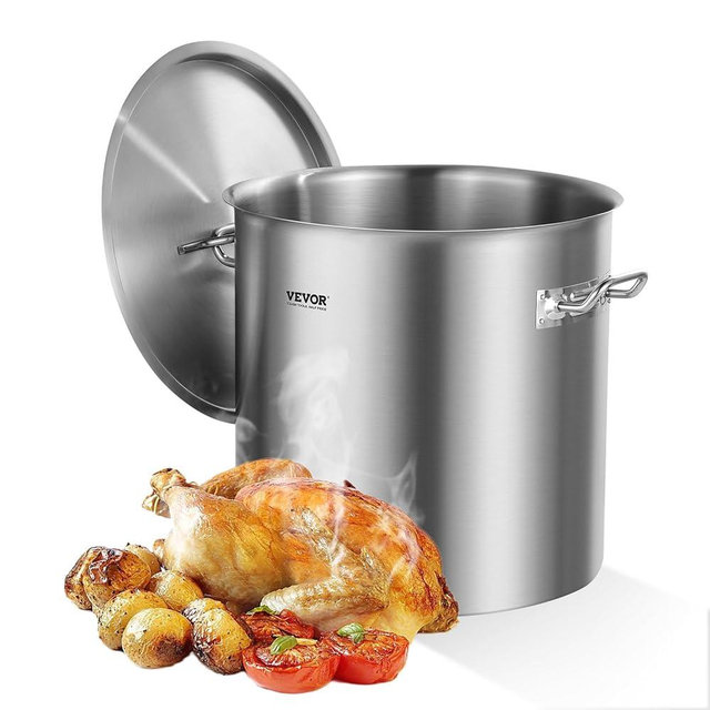 VEVOR Stainless Steel Stockpot, 53 Quart Large Cooking Pots, Cookware Sauce Pot with Lid, and Handle, Heavy Duty Commercial Grade Stock Pot, Sanding Treatment, for Large Groups Events Silver