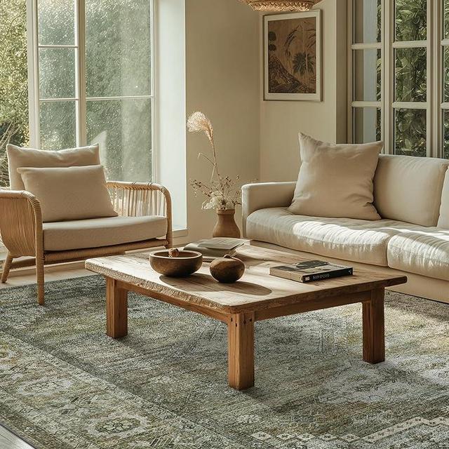 BEIMO Washable Rugs 8x10 for Living Room Bedroom, 8x10 Area Rugs Neutral Rug, Soft Vintage Print Sage Green Carpet, Low Pile Mat with Non Slip Rubber Backing