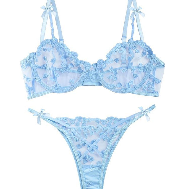 Lilosy Sexy Underwire Cute Push Up Strappy Embroidered Mesh Sheer Lingerie Set See Through Panty Bra
