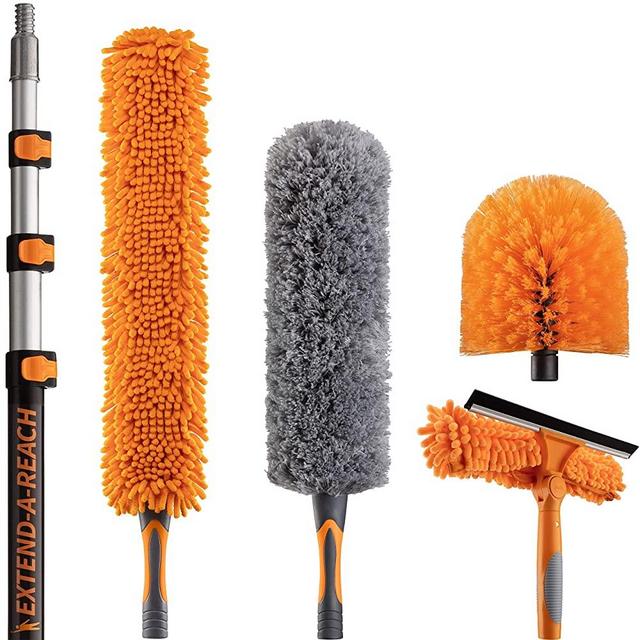 30 Foot High Reach Duster Kit with 7-24 ft Extension Pole // High Ceiling Duster Cleaning Kit with Telescopic Pole // Window Squeegee, Cobweb Brush, Fan and Feather Dusters // The Ultimate Dusting Kit