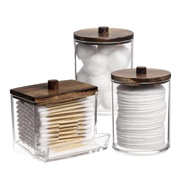 Tbestmax Qtips Holder Bathroom Container, 10 OZ Cotton Ball/Swabs Dispenser, Apothecary Jar Organizer for Storage Brown Wood Lids