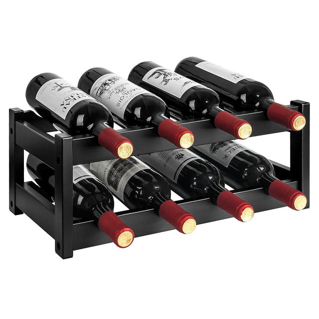 VASMIA Bamboo Wine Rack, 2-Tier Wine Racks Countertop Cabinet Wine Holder Wine Storage Shelf for Pantry Kitchen Bar Black
