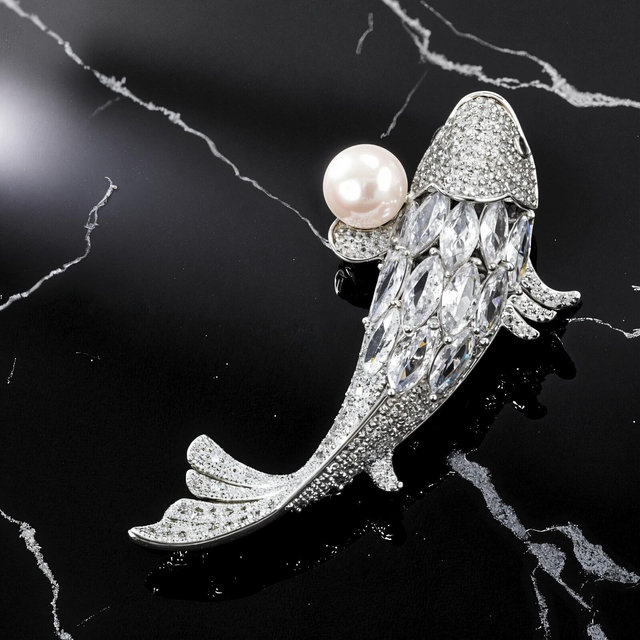 Crystal Koi Fish Brooch: Rhinestone Pearl Silver Pin