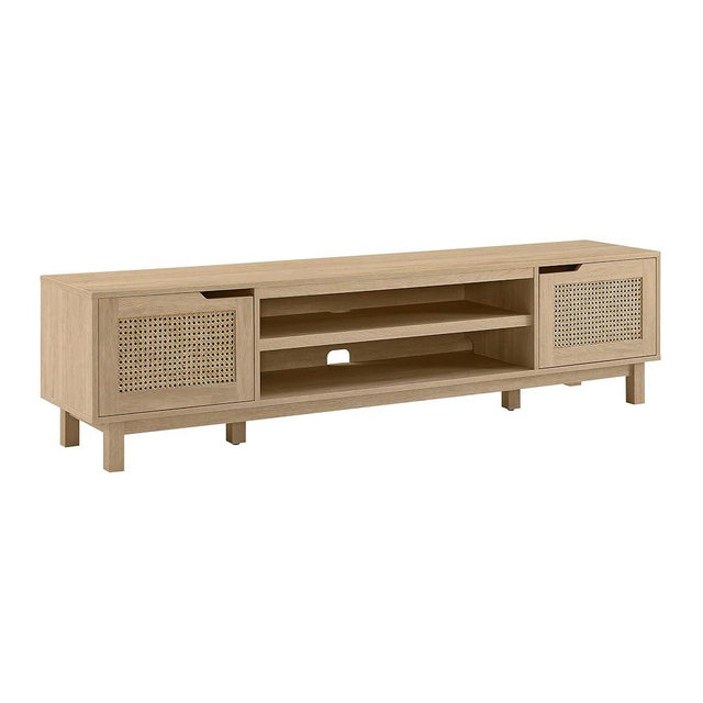 Walker Edison Destin Modern Minimal Rattan-Door Stand for TVs up to 80 Inches, 70 Inch, Coastal Oak