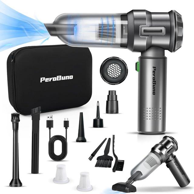 PeroBuno Mini Vacuum Cleaner for Car- 18KPa Powerful- 35 Mins Runtime- 3 Gear- High Power- Cordless Portable Handheld Vacuum with Brushless Motor and Type C- Compressed Air Duster- Car Vacuum