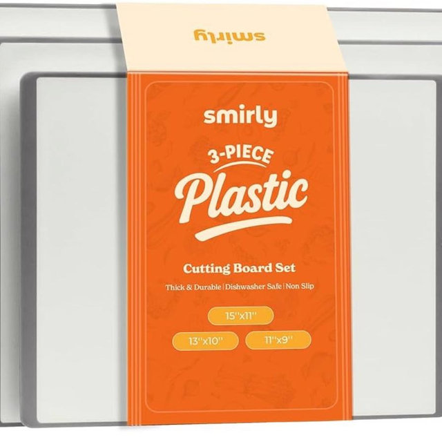 SMIRLY Plastic Cutting Board Set 3 Pieces, Non-Slip Dishwasher Safe Chopping Boards for Kitchen, Grey & White
