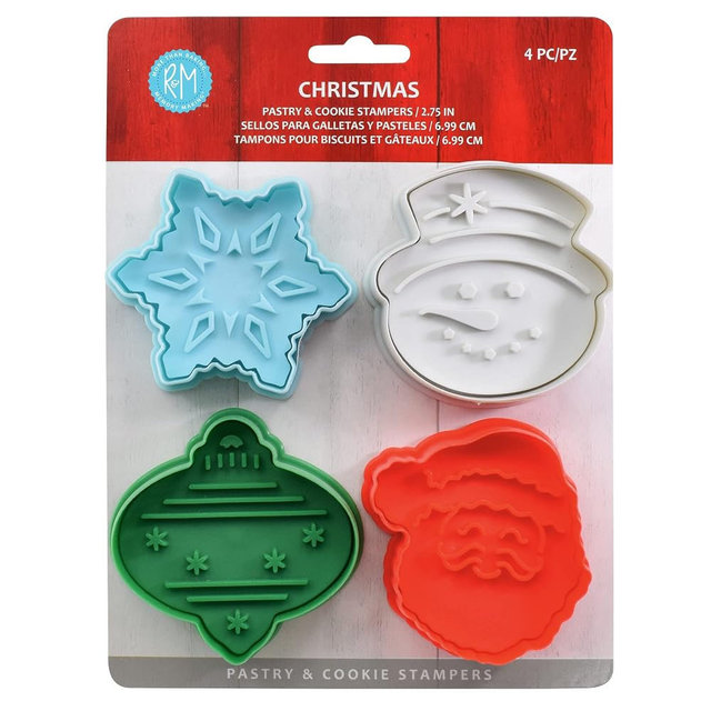 R&M, Christmas Cookie Cutter Stamper Set of 4, Assorted Designs, Snowflake, Snowman, Ornament, Santa, approximately 2.75" Size