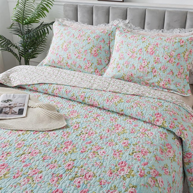 Brandream Full Size Shabby Chic Floral Quilt Set Cotton Bedspread Farmhouse Quilted Comforter Sets 3-Piece