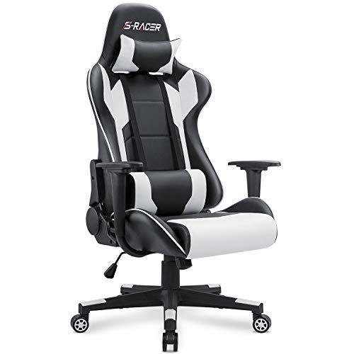 Homall Gaming Chair Office Chair High Back Computer Chair PU Leather Desk Chair PC Racing Executive Ergonomic Adjustable Swivel Task Chair with Headrest and Lumbar Support (White)