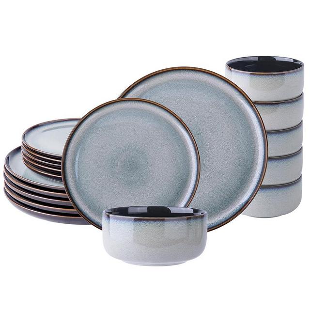 LeRatio Ceramic Dinnerware Sets of 6,Poreclain Plates and Bowls Sets,Handmade Reactive Glaze Dishes Set,Chip Resistant and Scratch Resistant | Oven&Dishwasher & Microwave Safe-Gray White(18PCS)