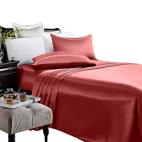 ARTALL Silky Luxury 4 Piece Deep Pocket Satin Sheet Set, King Size Holiday Red
